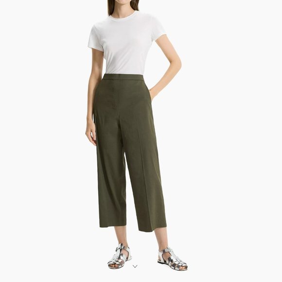 Theory Pants - Theory  Linen-Blend Cropped Wide-Leg Pants in Dark Olive (Size M)